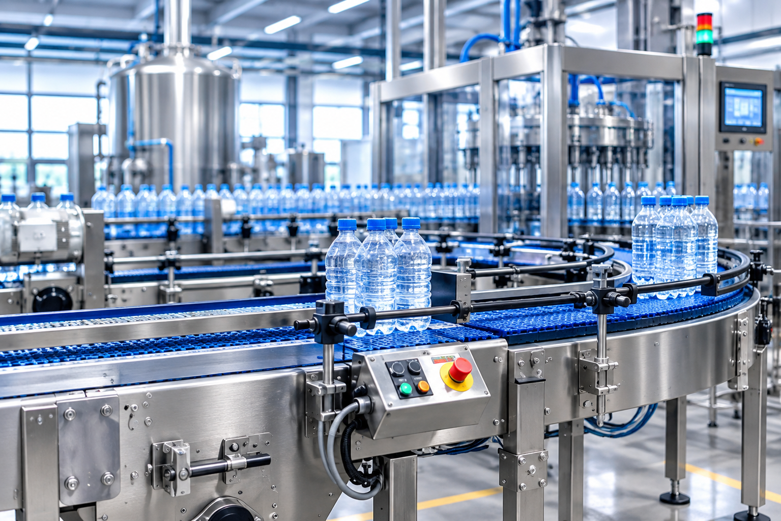 Water bottles on an automated bottling line